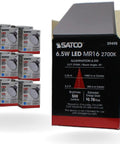 Hot 6.5W LED MR16 Bulbs Pack Of 12, 2700K Warm White packaging with details on brightness, beam angle, and energy usage.