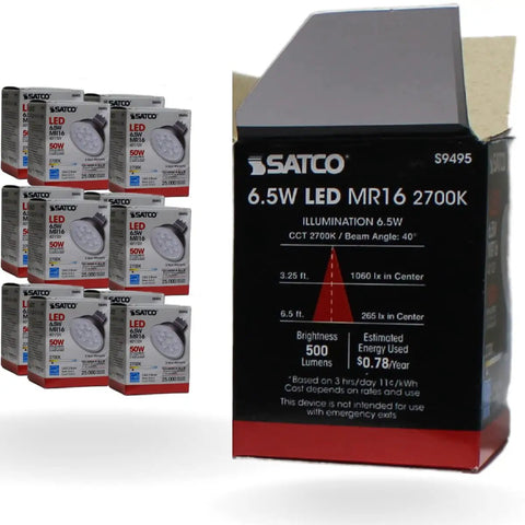 Hot 6.5W LED MR16 Bulbs Pack Of 12, 2700K Warm White packaging with details on brightness, beam angle, and energy usage.