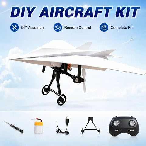 Electric RC Paper Airplane Kit With Gyro Stabilizer And Dual Propellers, shown with 2.4GHz remote and assembly tools in outdoor setting