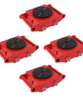 Four Pack Heavy Duty Machinery Rollers With Thirteen Thousand Two Hundred Lb Capacity in rust red, showcasing smooth swivel skates.