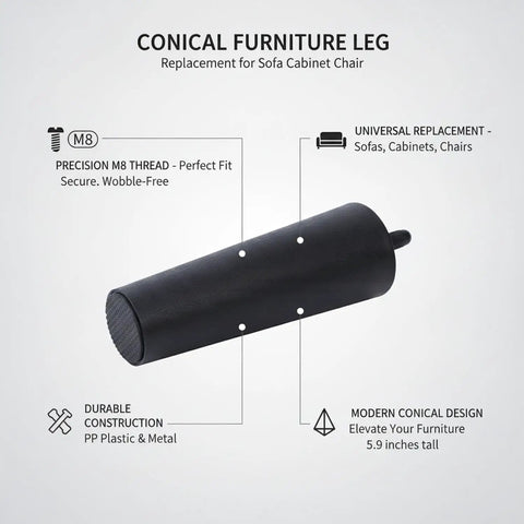 Mid Century Style Tapered Cone Furniture Leg With M8 Thread For Sofas And Cabinets, Durable PP Plastic Replacement Leg, 5.9 X 2.2 Inches