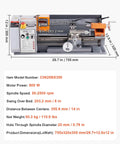 VEVOR Benchtop Metal Lathe Machine 7.87 X 13.78 Inches Precision Power Mill Tool With 600W Brush Motor And Variable Speed Control showing dimensions and details.