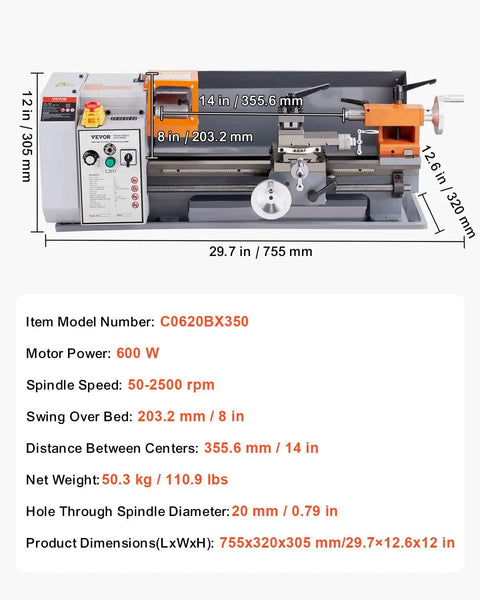 VEVOR Benchtop Metal Lathe Machine 7.87 X 13.78 Inches Precision Power Mill Tool With 600W Brush Motor And Variable Speed Control showing dimensions and details.