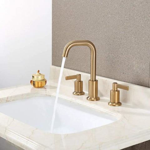 Two Handle Widespread Bathroom Sink Faucet With Pop Up Drain Brushed Gold 8 Inch 3 Hole Lavatory Faucet Easy Install