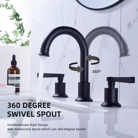 Matte Black Two Handle Bathroom Faucet Built to Last No Fuss, 8 Inch Widespread Lavatory Vanity Faucet, 360 Degree Swivel Spout