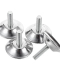 Heavy Duty Adjustable Furniture Levelers And Metal Screw Feet With Grippy Rubber Pads To Fix Wobbly Cabinets Tables Chairs And Dressers Zero Sweat Quick Install, silver metal screw feet close-up.