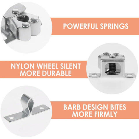 4 Pack Double Roller Cabinet Door Latch Set With Screws And Hardware showing powerful springs and nylon wheel.