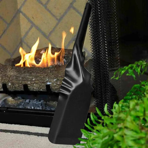 Black weather resistant fireplace shovel beside indoor fire, 15in length, rust prevention coating, durable hearth shovel.
