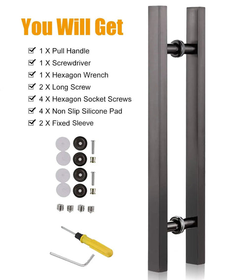 Black 47 Inch Stainless Steel Sliding Barn Door Pull Handle With Install Tools - Heavy Duty Push Pull Bar For Wood And Glass Doors, Commercial Grade, Rust Resistant 304 Stainless, Easy Mount. Image shows black handle, tools, and accessories.