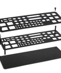 Exploded view of 63 Hole Screwdriver Storage Rack for Hex and Cross Bits, showing black plastic layers and metal screws for easy install.