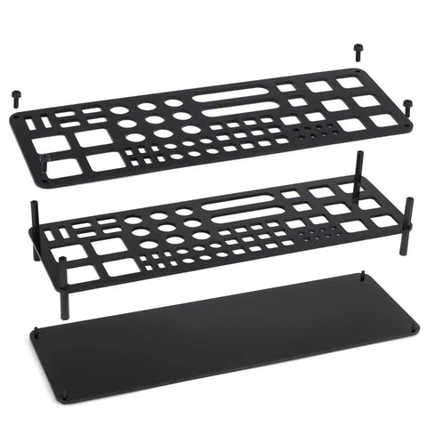 Exploded view of 63 Hole Screwdriver Storage Rack for Hex and Cross Bits, showing black plastic layers and metal screws for easy install.