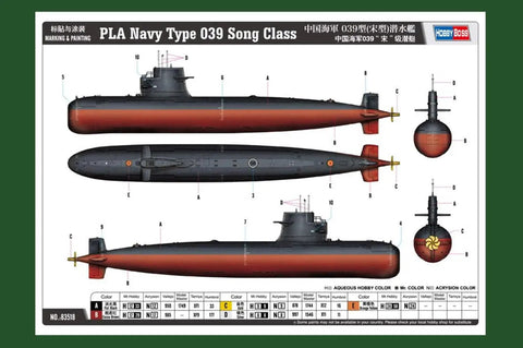 Detailed diagram of 1:350 Scale Song Class Submarine Model Kit for hobbyists 14 plus with parts in navy finish.