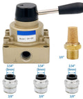 Beefed-Up Rotary Lever Hand Valve HV-03 PT3/8 3 Position 4 Way Pneumatic Air Flow Control with fittings