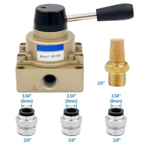Beefed-Up Rotary Lever Hand Valve HV-03 PT3/8 3 Position 4 Way Pneumatic Air Flow Control with fittings