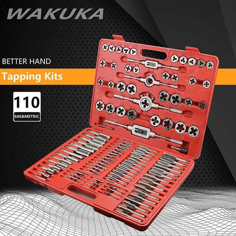 All In One 110 Piece Tap And Die Set For SAE And Metric Threads With Heavy Duty Storage Case open showing tools inside