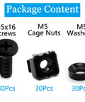 M5x16mm Rack Screws And Cage Nuts With Fender Washers Black Metric Server Mounting Hardware Kit showing screws, nuts, and washers.