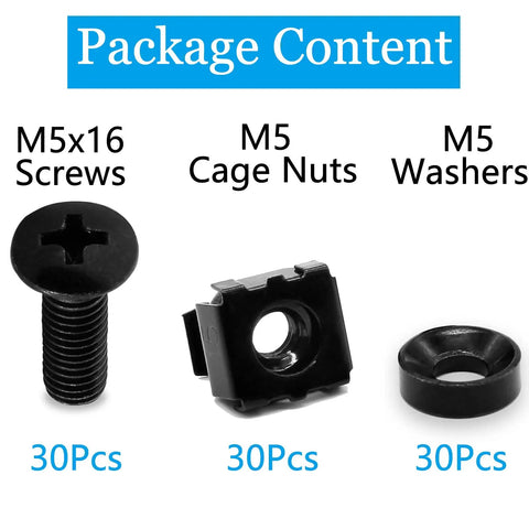 M5x16mm Rack Screws And Cage Nuts With Fender Washers Black Metric Server Mounting Hardware Kit showing screws, nuts, and washers.