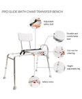 Pro-Slide Shower Chair And Tub Transfer Bench with Cutout, adjustable height, featuring safety belt and height adjustable legs