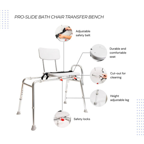 Pro-Slide Shower Chair And Tub Transfer Bench with Cutout, adjustable height, featuring safety belt and height adjustable legs