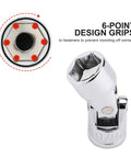 Close-up of Universal 3/8-Inch Drive Flex Socket with 6-point design grips, part of Three Eighths Inch Drive Universal Flex Socket Set For SAE And Metric Three Eighths To Three Fourths Inch Range Ten Millimeter To Nineteen Millimeter Six Point Chrome Vanadium Steel Swivel Head 360 Degree Access.
