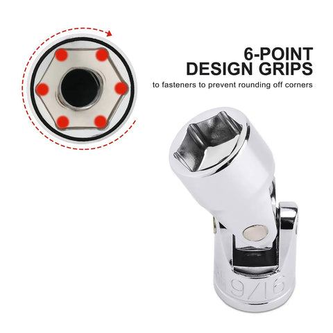 Close-up of Universal 3/8-Inch Drive Flex Socket with 6-point design grips, part of Three Eighths Inch Drive Universal Flex Socket Set For SAE And Metric Three Eighths To Three Fourths Inch Range Ten Millimeter To Nineteen Millimeter Six Point Chrome Vanadium Steel Swivel Head 360 Degree Access.