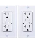Two white Built Tough Weather Resistant GFCI Outlet With Tamper Resistant Duplex Receptacle 20 Amp 125 Volt Indoor Outdoor Use Includes LED Indicator Decor Wall Plates And Screws UL Listed 2 Pack