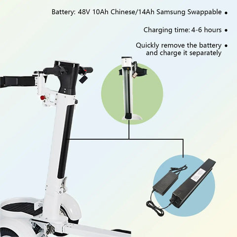 Foldable Electric Golf Cart With Tough Dual Motor Grip, 48V Extended Battery with swappable battery details.