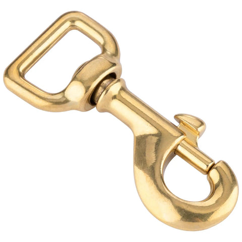 Solid Brass Swivel Bolt Snap Hook with 3/8 inch opening, 3-1/8 inch length, and 7/8 inch eye for leathercrafts and pet leashes.