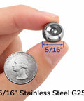 Five Sixteenths Inch 440 Stainless Steel Ball Bearings G25 Precision Grade Pack Of Fifty For Smooth, High Accuracy Motion And Heavy Duty Performance And Longevity 5/16 inch bearing shown with size reference