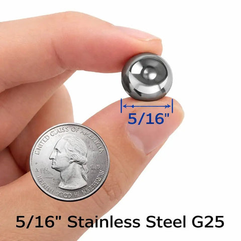 Five Sixteenths Inch 440 Stainless Steel Ball Bearings G25 Precision Grade Pack Of Fifty For Smooth, High Accuracy Motion And Heavy Duty Performance And Longevity 5/16 inch bearing shown with size reference