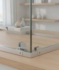 Beefy Aluminum Alloy Shelf Clip For Glass Partitions Heavy Duty Connector For Cabinets And Displays in silver finish on wood surface