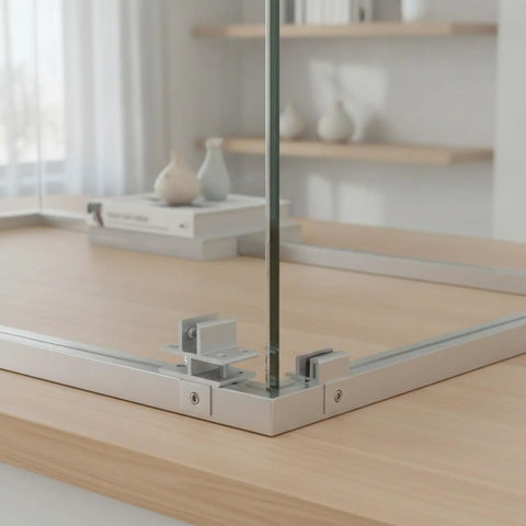 Beefy Aluminum Alloy Shelf Clip For Glass Partitions Heavy Duty Connector For Cabinets And Displays in silver finish on wood surface
