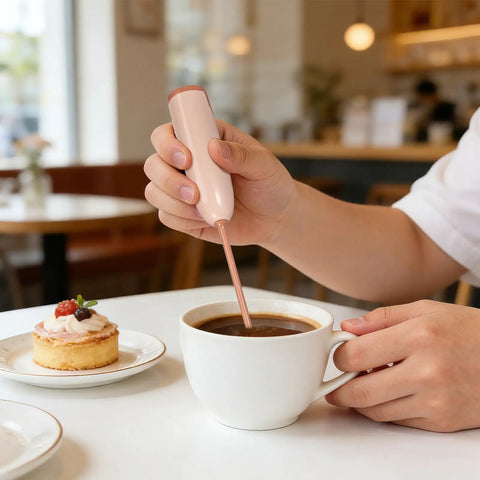 Person using Handheld Electric Baby Formula Mixer With 2 Stirring Sticks Portable Milk Powder Mixer for coffee in café