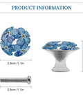Cool Blue Stained Glass Flower Mosaic Round Cabinet Knobs 2 Pack With Screws for drawers shown with dimensions and details.