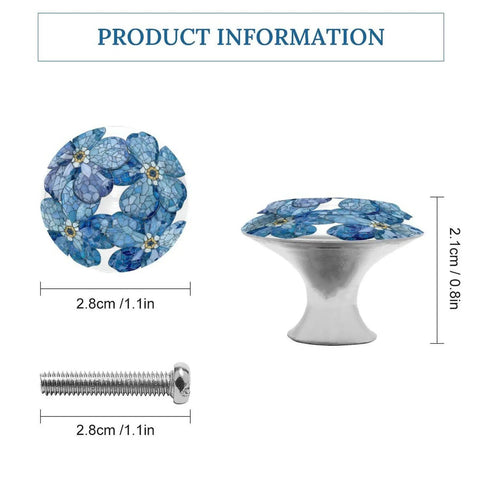 Cool Blue Stained Glass Flower Mosaic Round Cabinet Knobs 2 Pack With Screws for drawers shown with dimensions and details.
