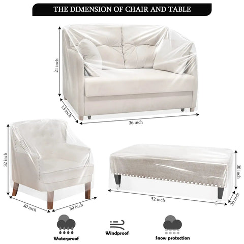 Clear Patio Furniture Covers 4 Piece Set Waterproof Heavy Duty Outdoor Sofa Armchair Love Seat And Table Covers For All Weather Protection Fits 32 x 30 x 30, 52 x 30 x 30, And 36 x 21 x 13 Inch shown covering sofa, chair, table