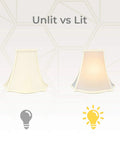 Regal Square Bell Lamp Shade Set 4 x 10 x 8.5 Eggshell Silk Type Shantung Fabric Off White Lining Pack of 2 lit and unlit view