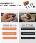 Pro Grade Hydraulic Cylinder Seal Kit With Rod Seal Install Tool And U Cup Twistor Installation Tools Four Size Range For Seals From 20 To 165 Mm 0.7 To 6.5 Inches Six Piece Boxed Set, illustration showing advantages of rod seal install tool over manual method