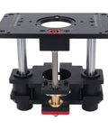 Top Shelf Router Table Lift System Featuring Smooth 65 Mm Height Adjustment. Black aluminum router lift with precise adjustment features.