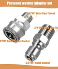 Set Of 4 NPT 3/8 Inch Pressure Washer Quick Connect Couplers With Stainless Steel Male And Female Fittings Internal And External Thread Adapter Kit For Hoses Pumps Ball Valves Surface Cleaners, showing two stainless steel couplers with male and female threads.