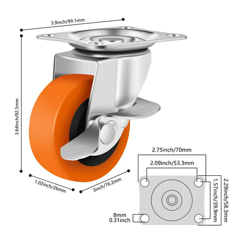 Heavy Duty Swivel Caster Wheels Set Of 4 With Locking Brakes And Sealed Ball Bearings 3 Inch Polyurethane Treads side view with dimensions