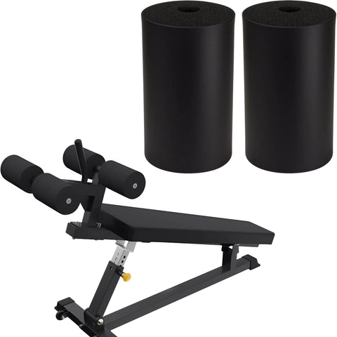 2 Pack Leg Extension Pad Replacement with 7 Inch Foot Foam Rollers for Weight Bench and PEC Deck shown with bench