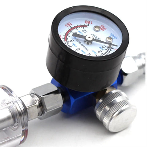 Kick Up Your Paint Game With This Tough As Nails Air Pressure Regulator For Hvlp Spray Guns And Shop Projects Featuring A Smooth Flow Dial And Zero Hassle Setup close-up of gauge and dial on air pressure regulator.