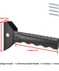 Close-up of Doorway Flip Assist Handle Plus Stair Safety Grip showing dimensions and material for mobility support and stability.
