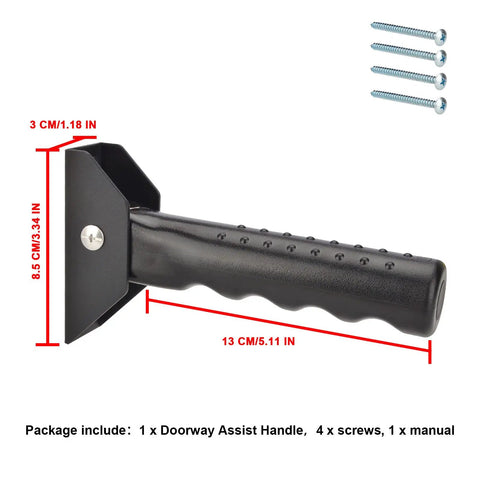 Close-up of Doorway Flip Assist Handle Plus Stair Safety Grip showing dimensions and material for mobility support and stability.