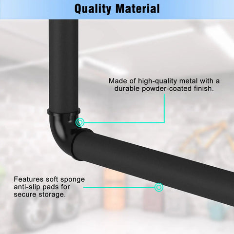 Surfboard Wall Mount And Ceiling Rack For Garage Storage, Durable Powder Coated Steel Ceiling Rack With Sponge Pads To Protect Boards, Ladders, Snowboards, Paddle Boards, Holds Up To 100 Lbs, Black close-up view of metal finish and sponge pads