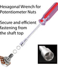 Hexagonal wrench with red handle for securing potentiometer nuts, shown next to potentiometer and nut, ideal for electronics projects.