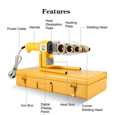 Heavy Duty Pro Grade 1000W 220V Plastic Pipe Weld Kit With Six Diameter Welding Heads on metal case, labeled parts visible