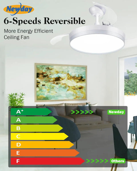 Retractable 42 Inch Smart Ceiling Fan With Lights App Remote Control Quiet DC Motor 6 Speed Modern Ceiling Fan installed