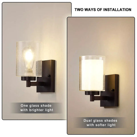 Pair Of Farmhouse Style Oil Rubbed Bronze Wall Sconces With Seeded Glass Shades showcasing two installation options